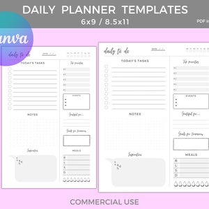 Peut inclure: Deux modèles de planificateur quotidien imprimables en noir et blanc. Chaque modèle comprend une section pour les tâches du jour, les notes, les événements, les objectifs pour demain, les repas et l'inspiration. Les modèles sont conçus pour être utilisés avec un planificateur de 15,24 cm x 22,86 cm ou 21,59 cm x 27,94 cm.