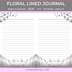 KDP floral LINED interior, 6 x 9, 120 pages with bleed, journal template for kdp, ready to upload pdf file