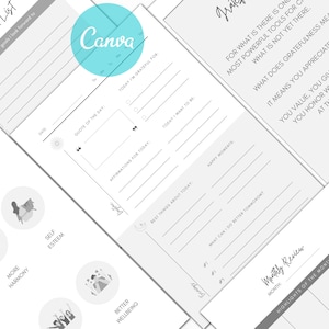 May include: A printable planner page with a gray background and black text. The page includes sections for daily affirmations, best things about today, happy moments, and what can I do better tomorrow. The page also includes a quote of the day section and a section for gratitude.