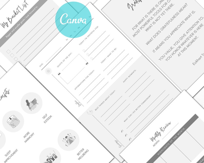May include: A printable planner page with a gray background and black text. The page includes sections for daily affirmations, best things about today, happy moments, and what can I do better tomorrow. The page also includes a quote of the day section and a section for gratitude.