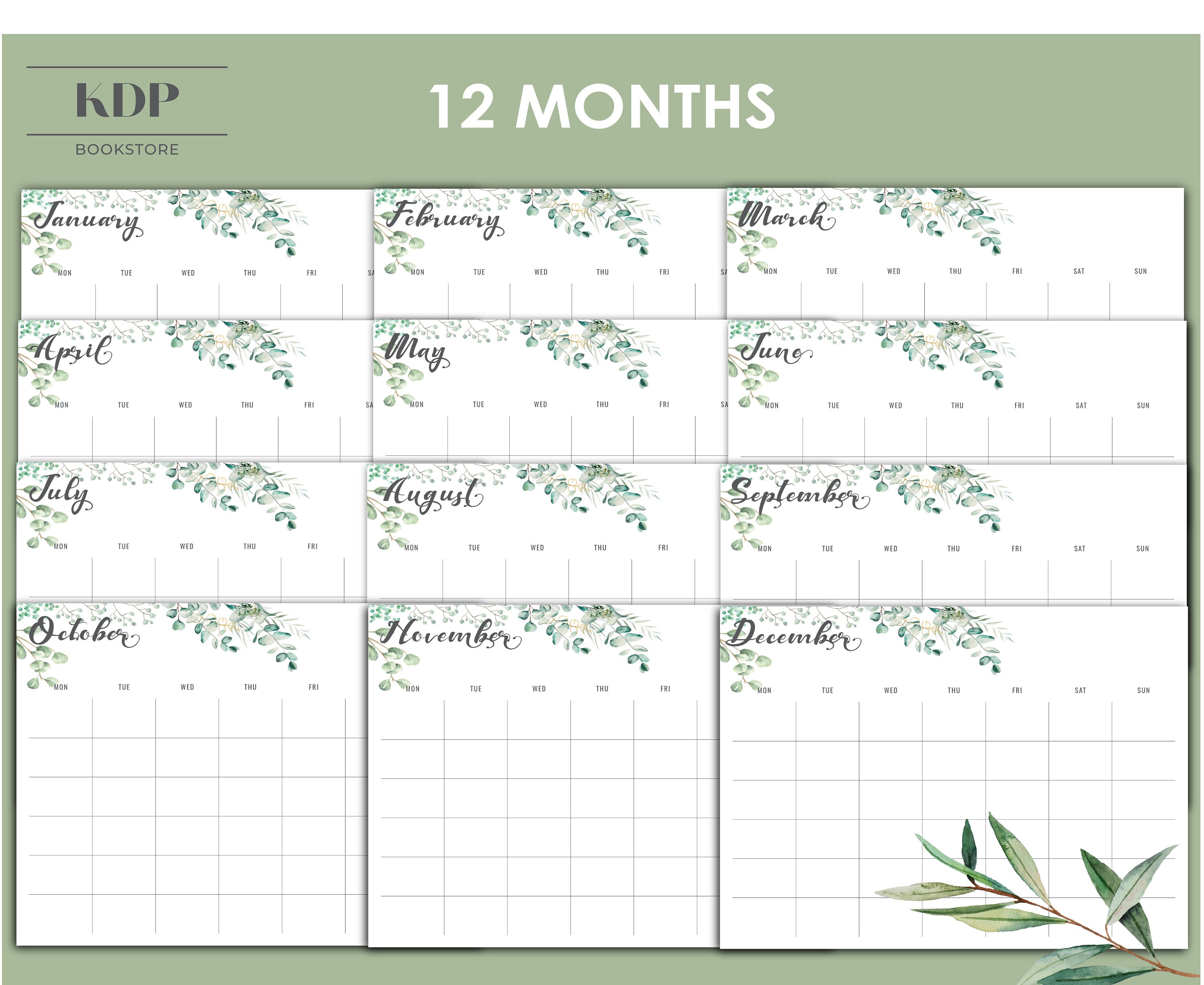Undated Monthly Calendar, Watercolor Planner, 12 Month Calendar A4 ...