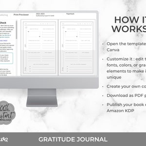 May include: A computer screen displaying a digital template for a gratitude journal. The template is designed for use with Canva and includes a quality check section. The text "HOW IT WORKS?" is displayed on the right side of the screen, along with instructions for customizing and publishing the journal.