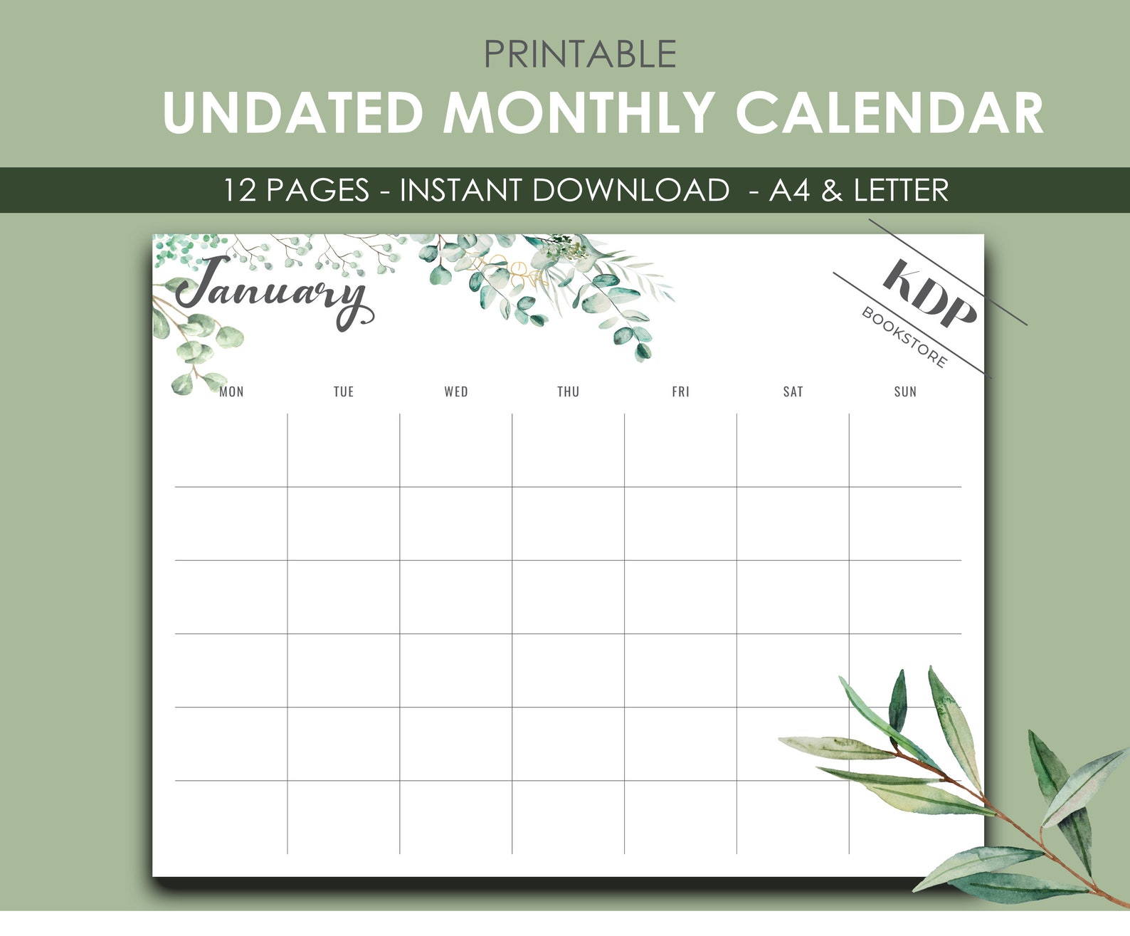 Undated Monthly Calendar, Watercolor Planner, 12 Month Calendar A4 ...