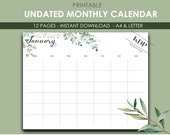 Undated Monthly Calendar, Watercolor Planner, 12 Month Calendar A4/Letter, Monday & Sunday start included