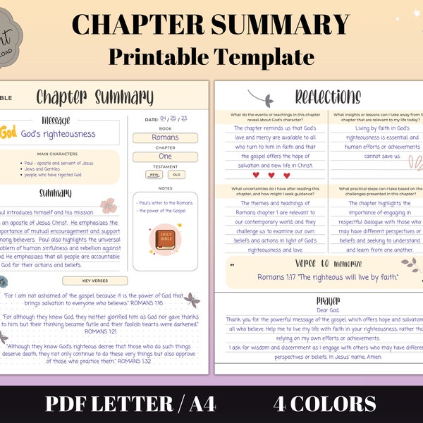 Bible Chapter Summary Printable Template, Bible Chapter Study Journal, Bible Study Printables, Digital Bible Study, Bible Book Study