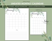 Undated Monthly Planner, vertical calendar, watercolor design, printable PDF file, Sunday & Monday Start, Letter/Half Letter, A4/A5