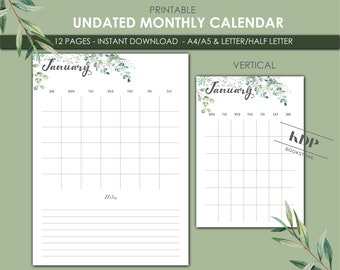 Undated Monthly Planner, vertical calendar, watercolor design, printable PDF file, Sunday & Monday Start, Letter/Half Letter, A4/A5