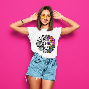 Catrina and Mayan skull in round symbol. Dia de los muertos. Mexican culture  it IS NOT A physical product.