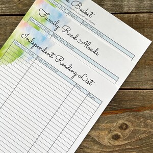May include: A printable reading log with a watercolour background. The log is divided into three sections: Book Basket, Family Read Alouds, and Independent Reading List. Each section has columns for date, book title, author, and subject. The Independent Reading List also has columns for time and pages.