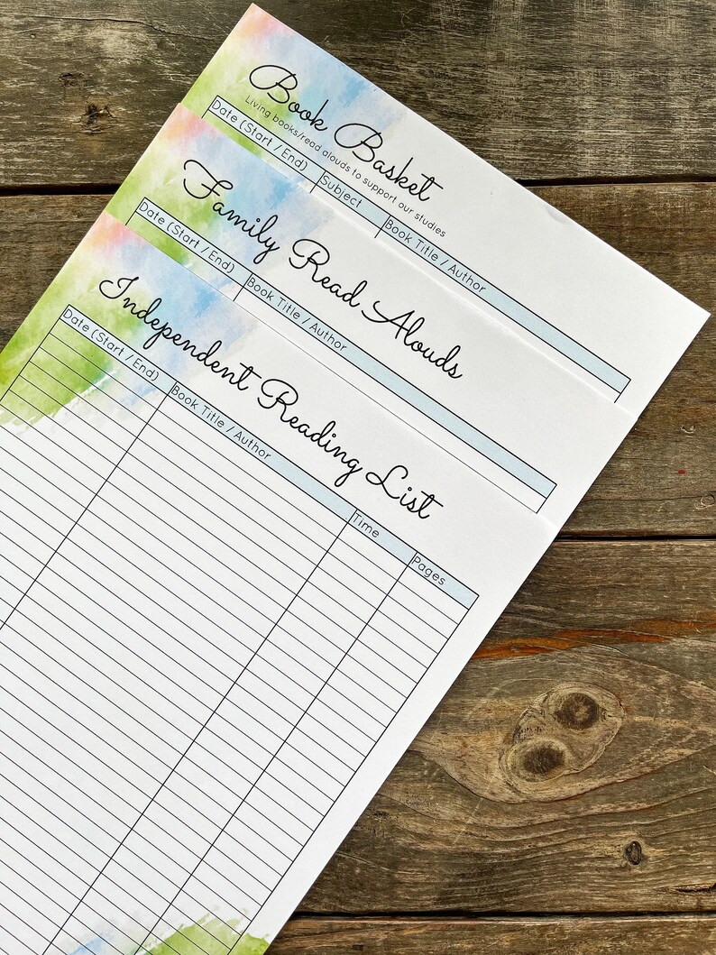 May include: A printable reading log with a watercolour background. The log is divided into three sections: Book Basket, Family Read Alouds, and Independent Reading List. Each section has columns for date, book title, author, and subject. The Independent Reading List also has columns for time and pages.