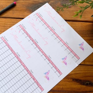 Butterfly Themed Attendance Log Homeschool Portfolio Planning Instant Download Printable