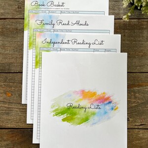 May include: A set of three printable reading lists with watercolour-style backgrounds. The lists are titled "Book Basket", "Family Read Alouds", and "Independent Reading List". Each list has columns for date, book title, author, and pages.