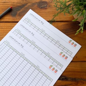 May include: Three printable attendance log sheets with a simple design. Each sheet has a title "attendance log" and columns for student names, grade, year, and months of the year. The sheets are decorated with small potted plants.