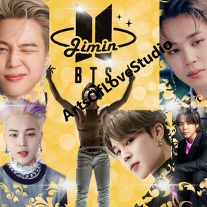 May include: A collage of images featuring a group of men. The images are set against a yellow background with a black and white logo that says "Jimin BTS" and the text "ArtsOfLoveStudio".