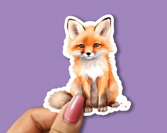 May include: A watercolor illustration of a cute orange fox sitting with its paws tucked in. The fox has a white chest and a white tip on its tail. The background is a solid purple color.