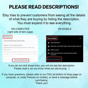 May include: A screenshot of an Etsy product listing for a clear vinyl sticker with a lotus and moon design. The listing includes details about the sticker's size, materials, and shipping information. The text "PLEASE READ DESCRIPTIONS!" is displayed at the top of the image.