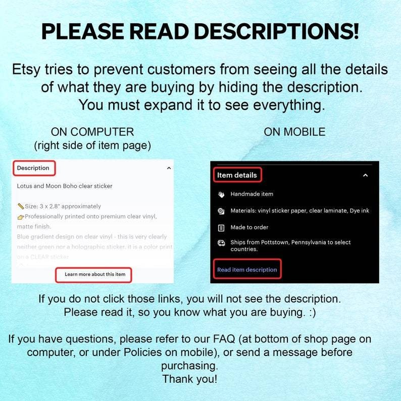 May include: A screenshot of an Etsy product listing for a clear vinyl sticker with a lotus and moon design. The listing includes details about the sticker's size, materials, and shipping information. The text "PLEASE READ DESCRIPTIONS!" is displayed at the top of the image.
