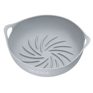 May include: Grey silicone steamer basket with two handles and a swirl design. The basket has the word "MOLIDE" printed on the bottom.
