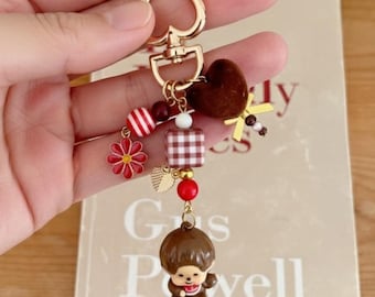 Sweettooth Multi Charm Keychain – Monchhichi Doll | Nostalgic-style Baby Monkey Multi Charm | Heart Carabiner Bag Keychain | Pink or Red