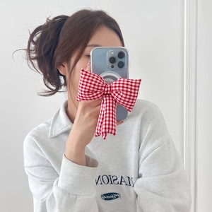 PAIGE MagSafe Phone Holder: Gingham Check Puffy Ribbon Charm iPhone, Kindle Grip