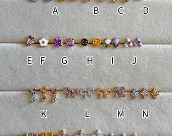 Piercing coreano de acero quirúrgico / Pendientes de botón bonitos / Sonriente, flor, lazo, mariposa, letra H, fruta tropical / Último par en oferta