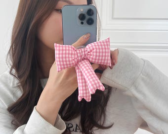 Paige Gingham Bow Phone Grip: Puffy Ribbon Adhesive Phone Charm