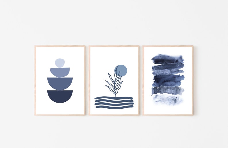 Set of 3 Navy Blue Prints Printable Wall Art Abstract Etsy