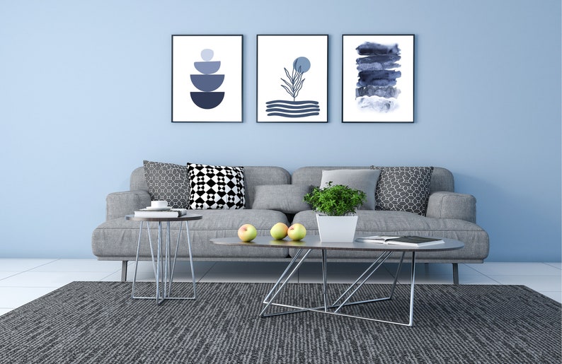 Set of 3 Navy Blue Prints Printable Wall Art Abstract Etsy