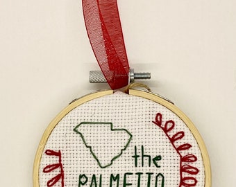 The Palmetto State Christmas cross stitch ornament / SC small decor red & green