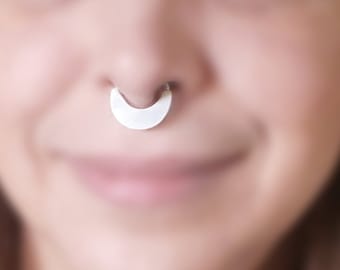Wide Septum Nose Ring Thick Gauge Sterling Silver, Shiny-Mate-Hammered-Tree Bark texture, Platinum Yellow and Rose plated, 18 to 8 gauge