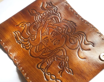 Engraved Medusa Leather Tobacco Pouch, Greek Mythology Gift, Smokers Bag