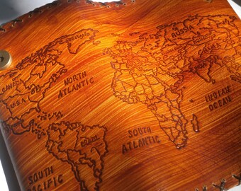 Handcrafted World Map Leather Tobacco Pouch, Pyrography Design, Unisex Gift