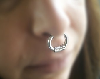 Thick Fake Septum Ring, Piercing Coil Nose ring, Gauge Earring, Hoop for Stretched Ear, Unisex Boho Spiral Earring for Tunnel, 18 to 6 gauge