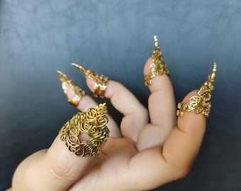 Brass Armor Knuckle Ring, Stiletto Nail Tip, Gothic Vampire Claws, Dance Accessory