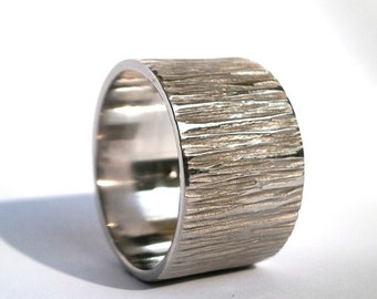 Sterling Silver Tree Bark Ring, Adjustable Wide Band Anniversary Ring