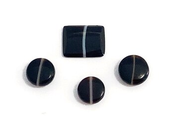 Natural Banded Onyx Round Buttons Cushion Shaped Black White Polished Loose Gemstones For Jewellery Making Mixed Sizes Lot Of 4 Stones