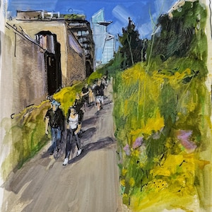 May include: A watercolor painting of a pathway lined with green foliage and yellow flowers. The path leads to a city skyline with tall buildings in the distance.