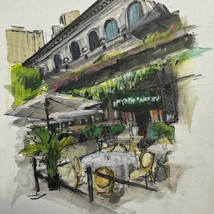 May include: A watercolor painting of a restaurant patio with tables and chairs. The restaurant is called "Bryant Park Grill" and is located in a building with a large awning. There are plants and trees in the background.