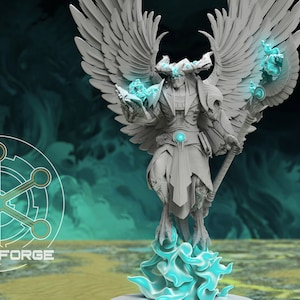 May include: A white, winged, humanoid figure with horns and a staff stands on a base of blue flames. The figure is holding a glowing orb in one hand and has glowing orbs on its wings. The figure is a 3D printed miniature.