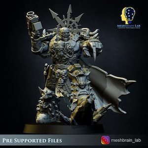 May include: A detailed gray figurine of a warrior in ornate armor, holding a weapon and a clawed gauntlet. The figure has a menacing expression and is adorned with spikes, skulls, and a cape. The base reads "PRE SUPPORTED FILES".