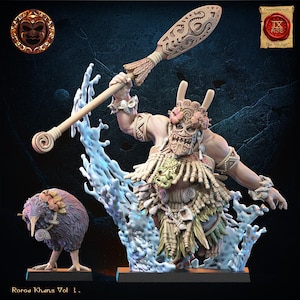 May include: A detailed miniature figure of a warrior with a mask, holding a spear, and a kiwi bird figurine. The warrior is adorned with intricate carvings and floral accents. The base of the warrior is surrounded by a water-like effect. The text "Roroa Khans Vol 1." is at the bottom.
