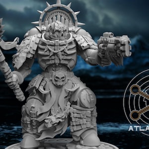 May include: A detailed grey plastic miniature of a space marine warrior holding a weapon and a staff. The figure is wearing ornate armor with skulls and other details. The background is a dark blue with a swirling pattern.