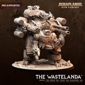 Pode incluir: Um modelo de impressão 3D detalhado e pré-suportado de um robô andante fortemente armado, chamado "The Wastelanda". O robô é feito de metal e possui uma variedade de armas, incluindo canhões, mísseis e uma serra circular. O robô está em pé sobre uma base rochosa. O texto "SCRAPLANDZ DINO RAMPAGE" está na parte superior da imagem. O texto "THE WASTELANDA'" está na parte inferior da imagem. O texto "SHOOT 'EM, BURN 'EM, CHOP 'EM, HARPOON 'EM" está abaixo do nome do robô. O texto "MULTI-OPTION KIT WITH A MULTIPLE WEAPON OPTIONS, 130MM BASE" está abaixo do texto anterior.