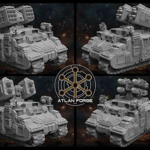 May include: A gray, detailed miniature war tank with multiple missile launchers and a complex design. The tank has a tracked base and various compartments, with the "ATLAN FORGE" logo visible in the image.
