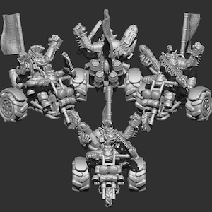 Puede incluir: Un conjunto de cinco modelos en miniatura de orcos montando motocicletas impresos en 3D. Los modelos son de color gris y están en diferentes poses de acción. Los modelos están diseñados para su uso en juegos de mesa o como objetos de colección.