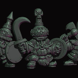 May include: Three miniature figurines of dwarves, each wearing a different helmet and holding a weapon and shield. The dwarf on the left is holding a hammer, the middle dwarf is holding a sword, and the dwarf on the right is holding an axe.