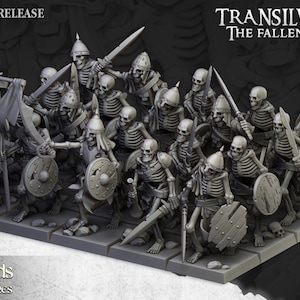 May include: A set of 20 unpainted plastic skeletal warrior miniatures, posed in a battle formation, holding swords and shields. The miniatures are part of the Transilvanya: The Fallen Realm collection.