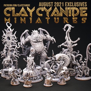 Könnte beinhalten: Eine Sammlung von 16 detaillierten, unbemalten, 3D-gedruckten Miniaturfiguren verschiedener Kreaturen, darunter ein großes, geflügeltes, tentakelbewehrtes Monster, ein kleineres, geflügeltes, tentakelbewehrtes Monster, ein großes, tentakelbewehrtes Monster mit einer Krone und ein großes, tentakelbewehrtes Monster mit einem Horn. Die Miniaturen sind auf einem schwarzen Hintergrund mit dem Text "AUGUST 2021 EXCLUSIVES CLAY CYANIDE MINIATURES" oben angeordnet.