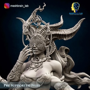 May include: A detailed grayscale 3D-printed sculpture of a female figure with elaborate headwear, including horns, a decorative blindfold, and ornate jewelry. The figure is adorned with intricate details, and the text "PRE SUPPORTED FILES" is visible at the bottom.