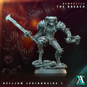 May include: A gray plastic miniature figurine of a demon warrior with horns, holding a sword and a skull. The figurine is standing on a rocky base. The background is a red and orange abstract design with the text "Demonstar The Breach" and "Helljaw Legionnaire 1".